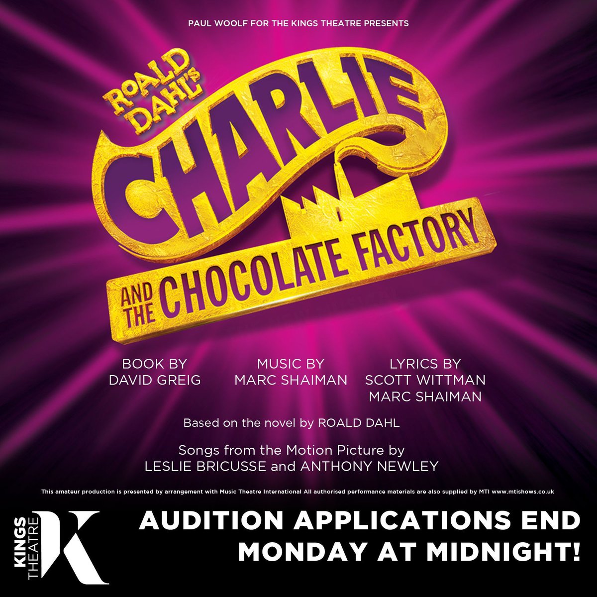 Audition applications are closing on Monday 15th April, Midnight for Charlie and the Chocolate Factory - The Musical here at The Kings Theatre! For Adult and child (9+) applications click here ➡️ buff.ly/4a7eztq 📅 Tue 8 - Sun 13 Oct 🎟️ Tickets ➡️ buff.ly/3vizc72