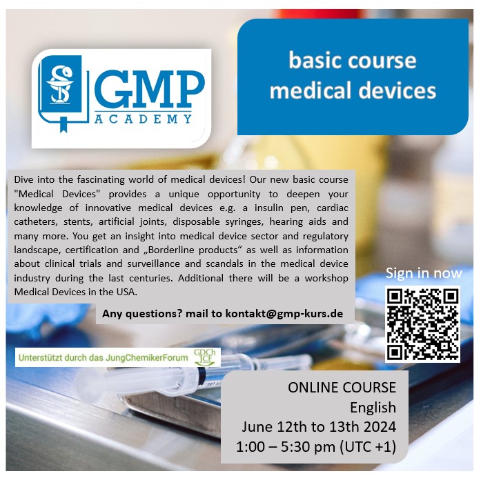 +++bezahlte Werbepartnerschaft+++ 📚 Join our Medical Devices course in English! 🌐 Jun 12/13, 2024, 2 p.m.- 5:30 pm Exam: Jun 18th, 2024, 4 p.m Early bird: 177€ (regular: 277 €) If you have any questions, please mail to kontakt@gmp-kurs.de register: gmp-kurs.de