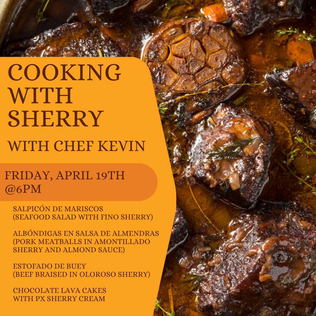 🍷Sherry, the traditional wine from Spain, is delicious by the glass, or in this case as an ingredient in several classic Spanish recipes that Chef Kevin will teach.   #sherrywinecooking #spanishfood #berkeley