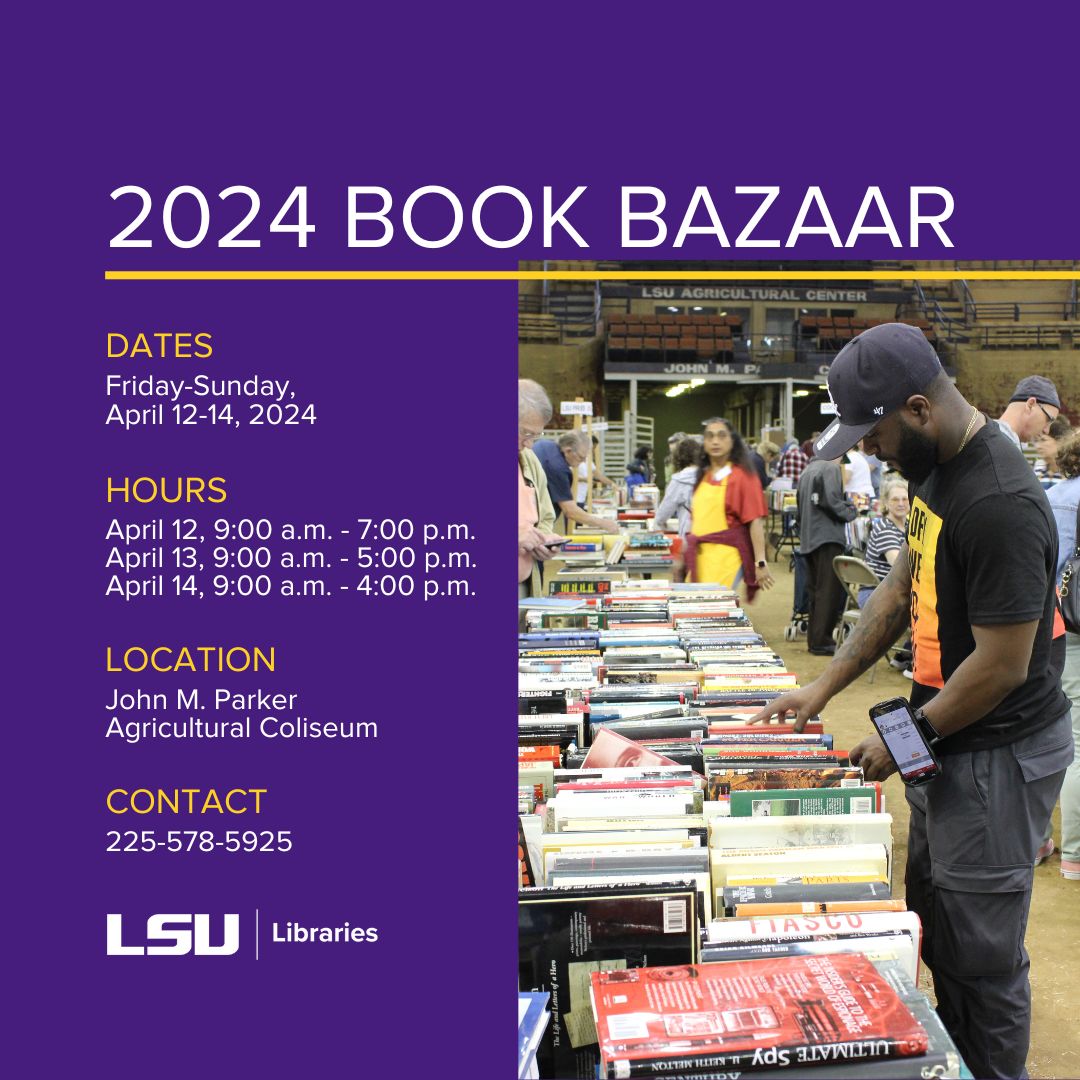 Today begins our annual Friends of the #LSULibraries Book Bazaar, held April 13-16! We have more than 60,000 new and used books, CDs, DVDs & vinyl records for sale as low as 0.50¢-$1.00. All proceeds benefit #LSU Libraries. We hope you can join us! More: ow.ly/V4Jw50RaSKM
