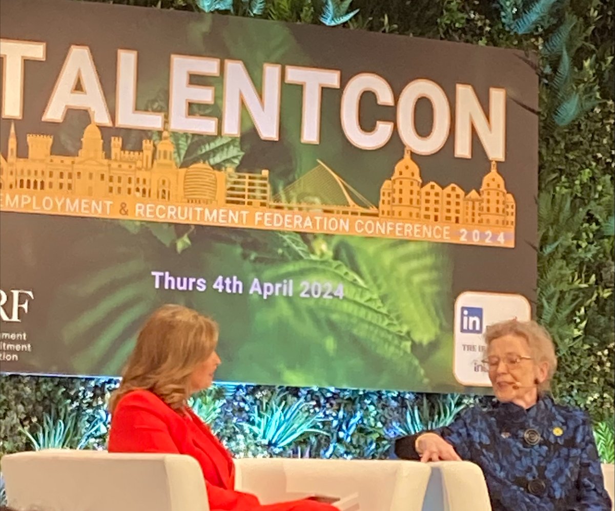 So inspiring to hear Ireland's 1st female President Mary Robinson speak at the Employment & Recruitment Federation #TalentCon highlighting the need for #LongViewLeadership, the importance of courage and the need to ensure you bring others with you as Leaders. #Skills #FutureJobs