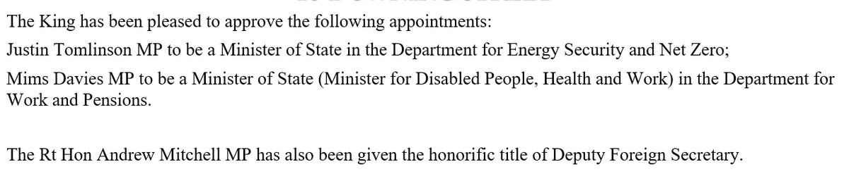 Following Graham Stuart's resignation as energy minister, No10 has announced Justin Tomlinson will replace him Also used opportunity to reinstate a minister for disabled people (after backlash over it being downgraded) and appoint Andrew Mitchell as 'Deputy Foreign Sec'