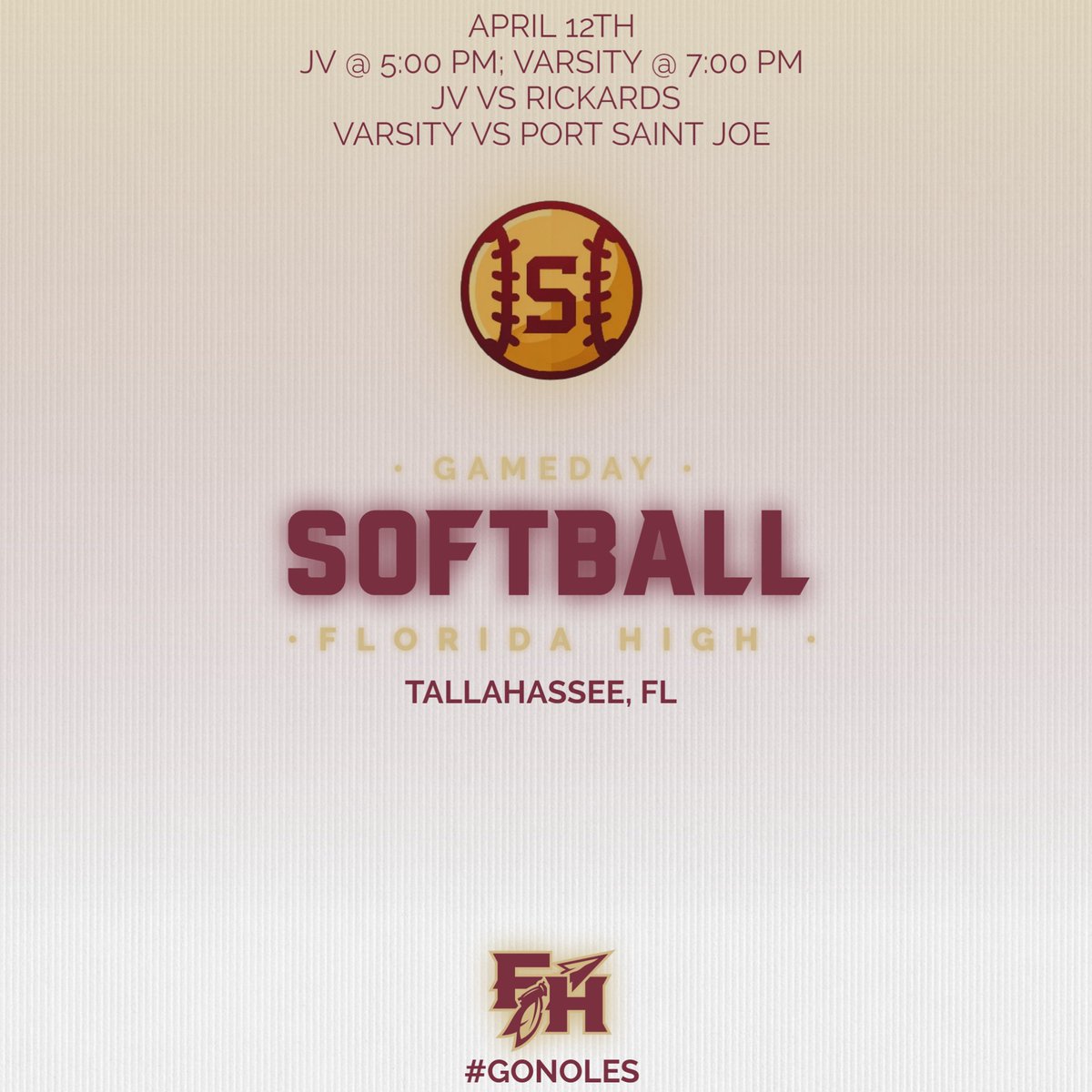 • Gameday • Florida High's Varsity & JV Softballers play at home tonight. Be there or be square. Let's go, Noles! Time: JV @ 5:00; Varsity @ 7:00 PM Location: Florida High Tickets: $6 Link: fsus.hometownticketing.com/embed/all