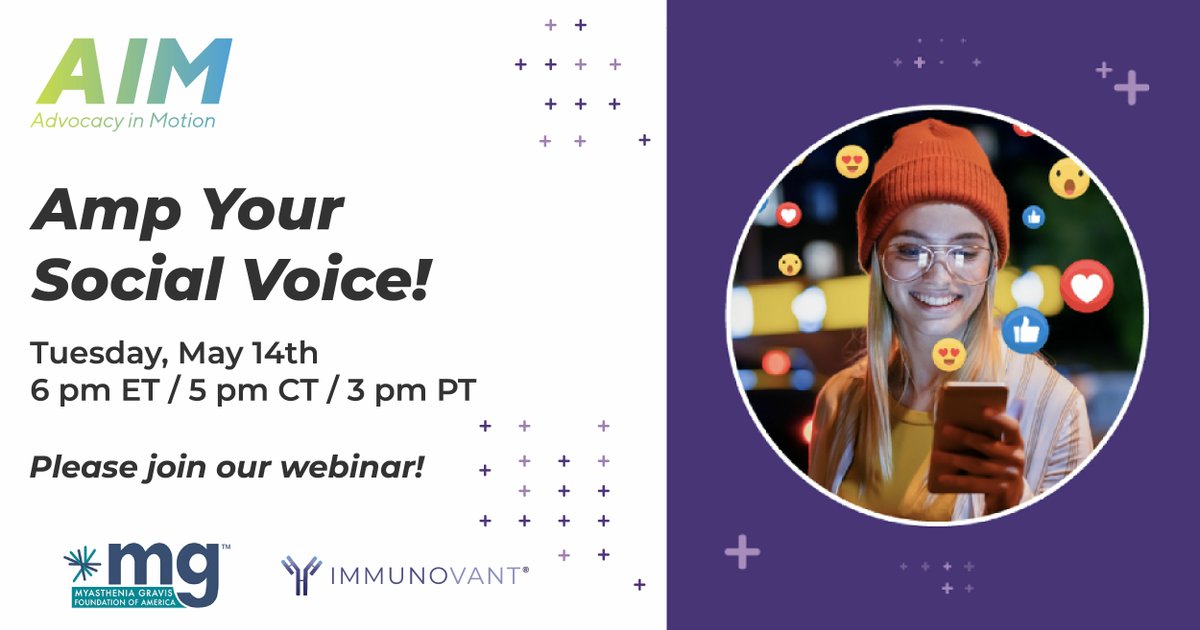 Join us on 5/14 for an interactive #socialmedia webinar! Get tips to use social media to create awareness & build community connections in support of #MyastheniaGravis. Register today at myasthenia.org/events.

#MGAwarenessMonth #RaiseYourVoice #RareDiseaseAdvocacy #MGStrong