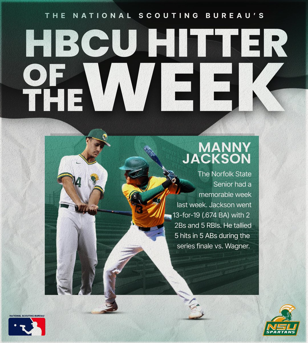 The National Scouting Bureau presents the HBCU Hitter and Pitcher of the Week‼️ @EtwaruKieran went 8 innings in a 9-1 win over Fairleigh Dickinson. His 8 Ks and 1 ER aided his 2.25 ERA over the 2024 season♦️ @jaxn_manny went 13-for-19 over the past week with 2 2Bs and 5 RBIs👀