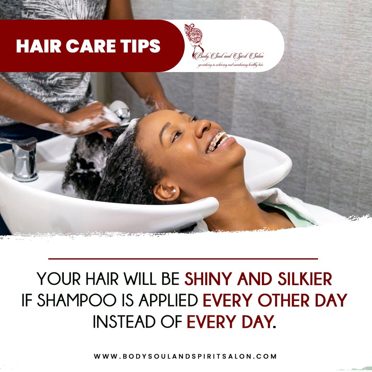 Hair Care Tips: 
Your hair will be shiny and silkier if shampoo is applied every other day instead of every day. 

#HairCareTips #BodySoulSpirit #DidYouKnow #HairGoals #HairCare #HealthyHair