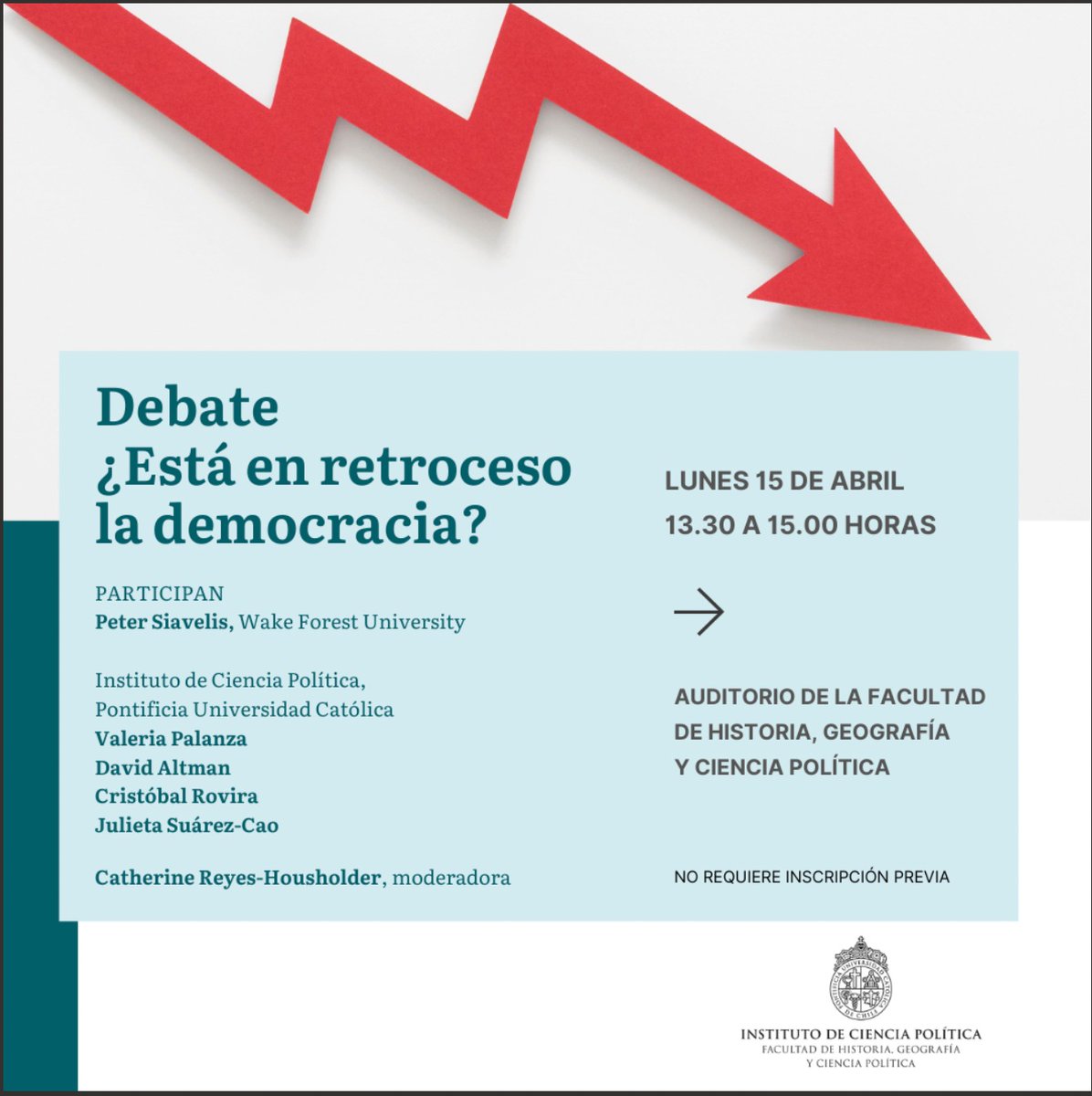El lunes @icp_uc Debate: ¿Está en retroceso la democracia? Con @vpalanza @jujuchi @CristobalR61354, David Altman y Catherine Reyes Housholder !No se lo pierdan!