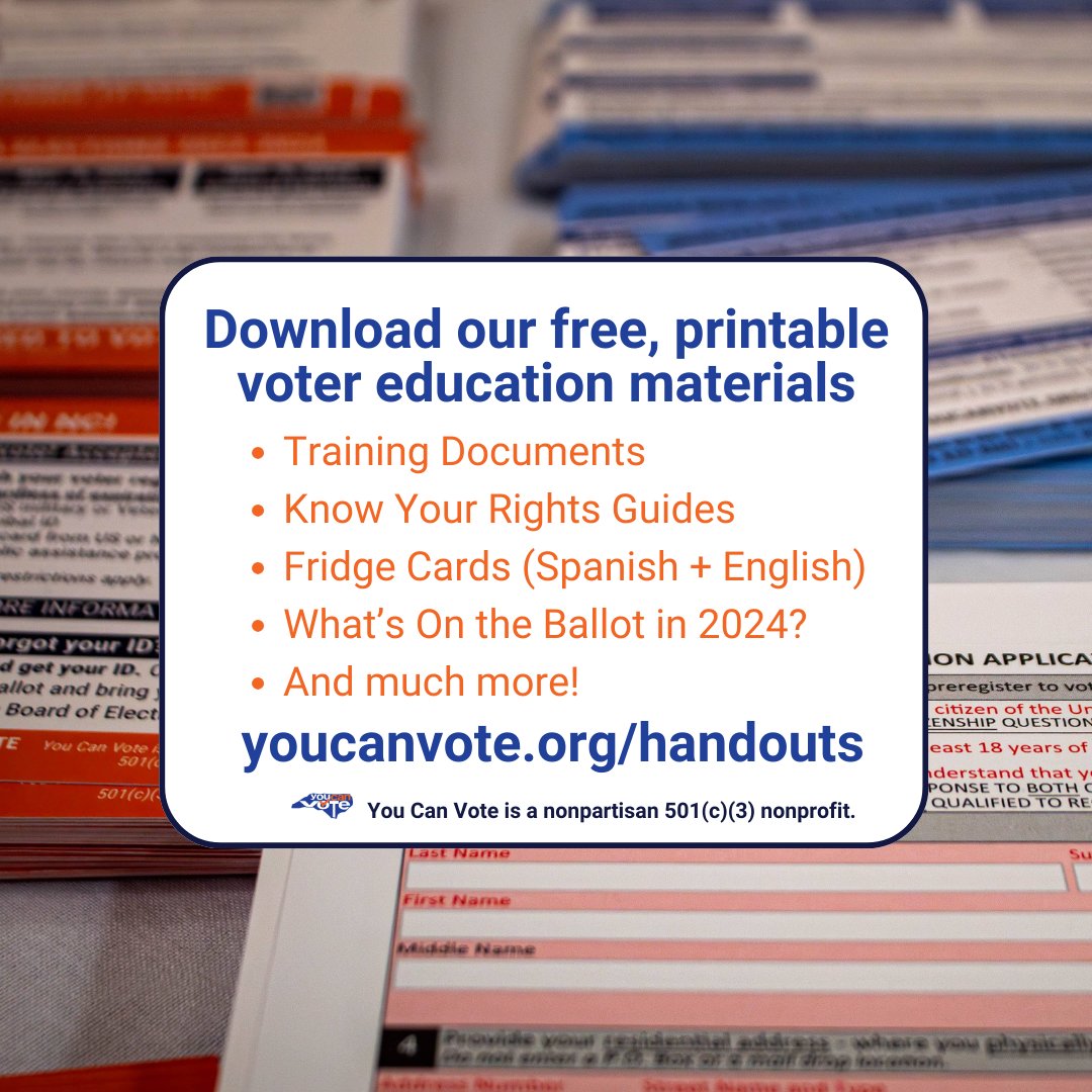 YCV's handouts and materials have been updated for the 2024 general election. Visit us online at youcanvote.org/handouts to get free, printable voter education materials in English & Spanish!