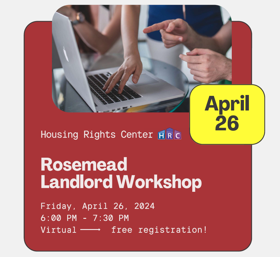 🏠 Join us for the Virtual Fair Housing Workshop hosted by the City of Rosemead and Housing Rights Center on 4/26/2024, from 6PM to 7:30PM! Discover your rights under fair housing laws. RSVP here: housingrightscenter.org/workshops #FairHousing #HousingRightsCenter #CityofRosemead