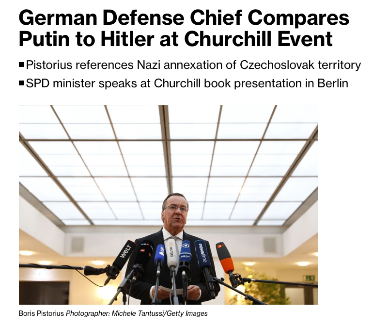 🇩🇪 Bloomberg: Министр обороны Германии Писториус сравнил войну Путина в Украине с аннексией Гитлером Чехословакии в 1938 г. Министр заявил, что Европа должна готовиться к широкомасштабному российскому нападению: 'Путин не остановится, когда противостояние с Украиной закончится'.
