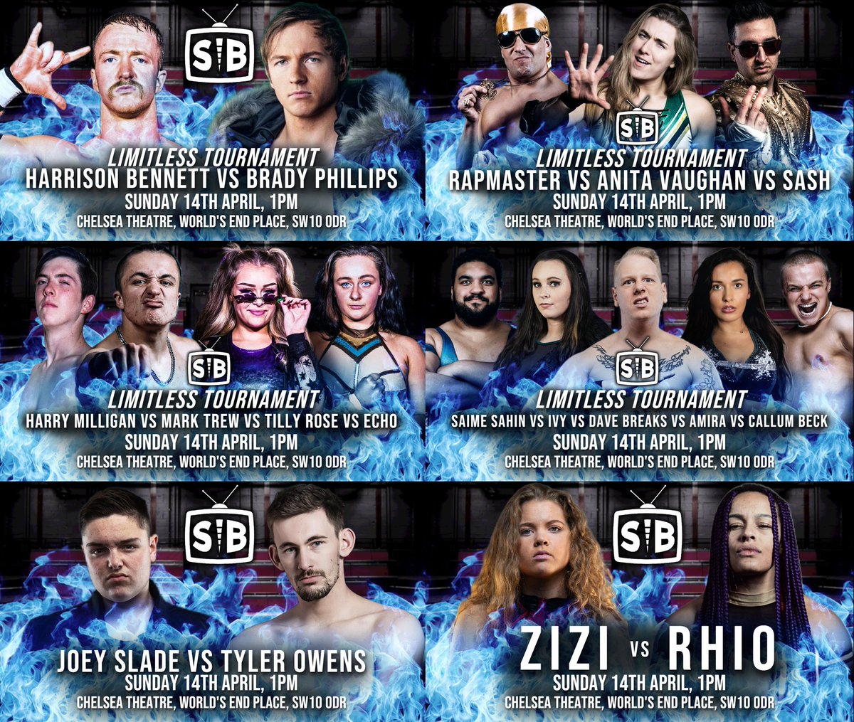 THIS SUNDAY! Join us for two action-packed shows of professional wrestling with some of the top stars in the scene! 🗓 Sunday 14th April (1pm & 4pm) 📍 Chelsea Theatre, London 🎟 linktr.ee/spinebustertv