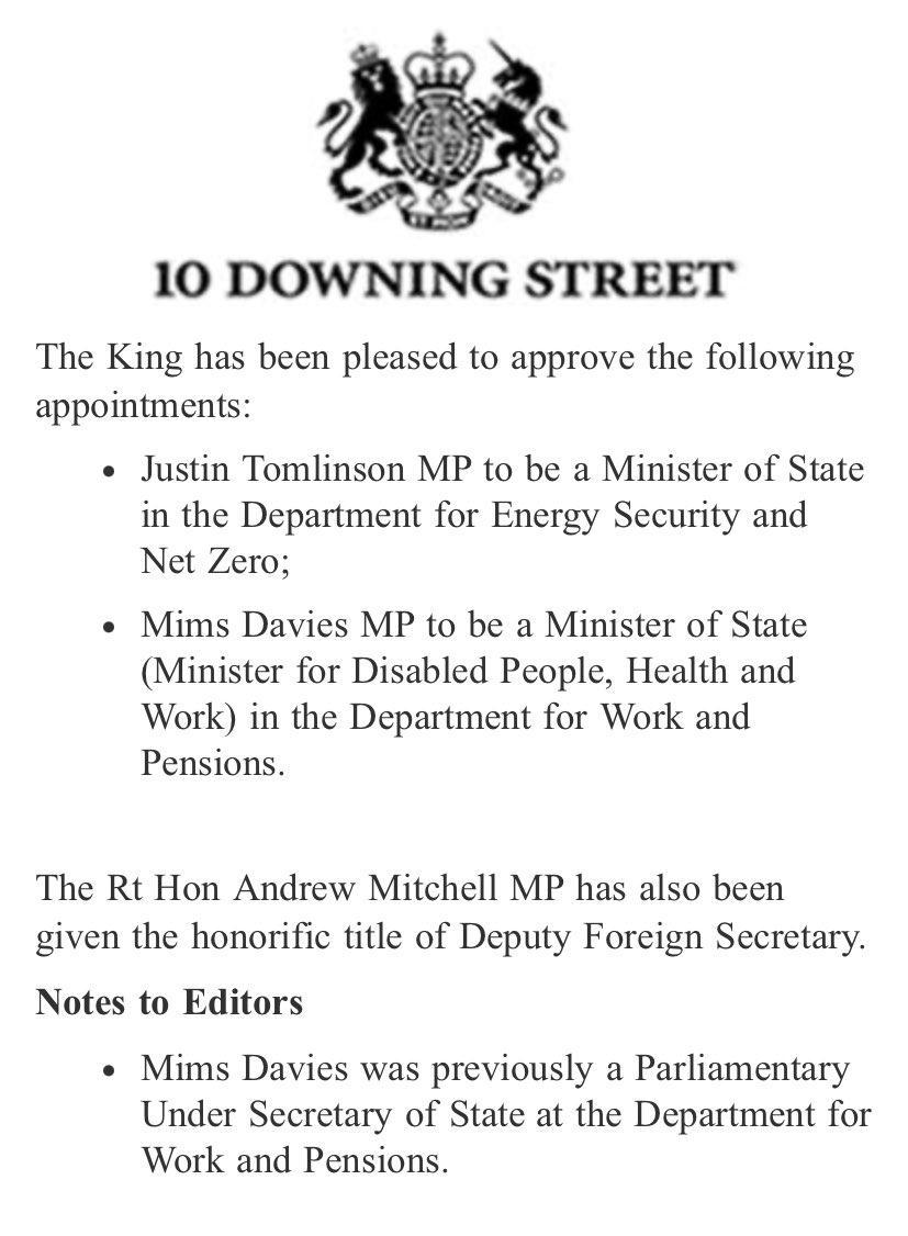 Ministerial appointments - @JustinTomlinson minister of state at energy security and net zero @mimsdavies minister of state DWP and @AndrewmitchMP is given the title deputy foreign secretary.