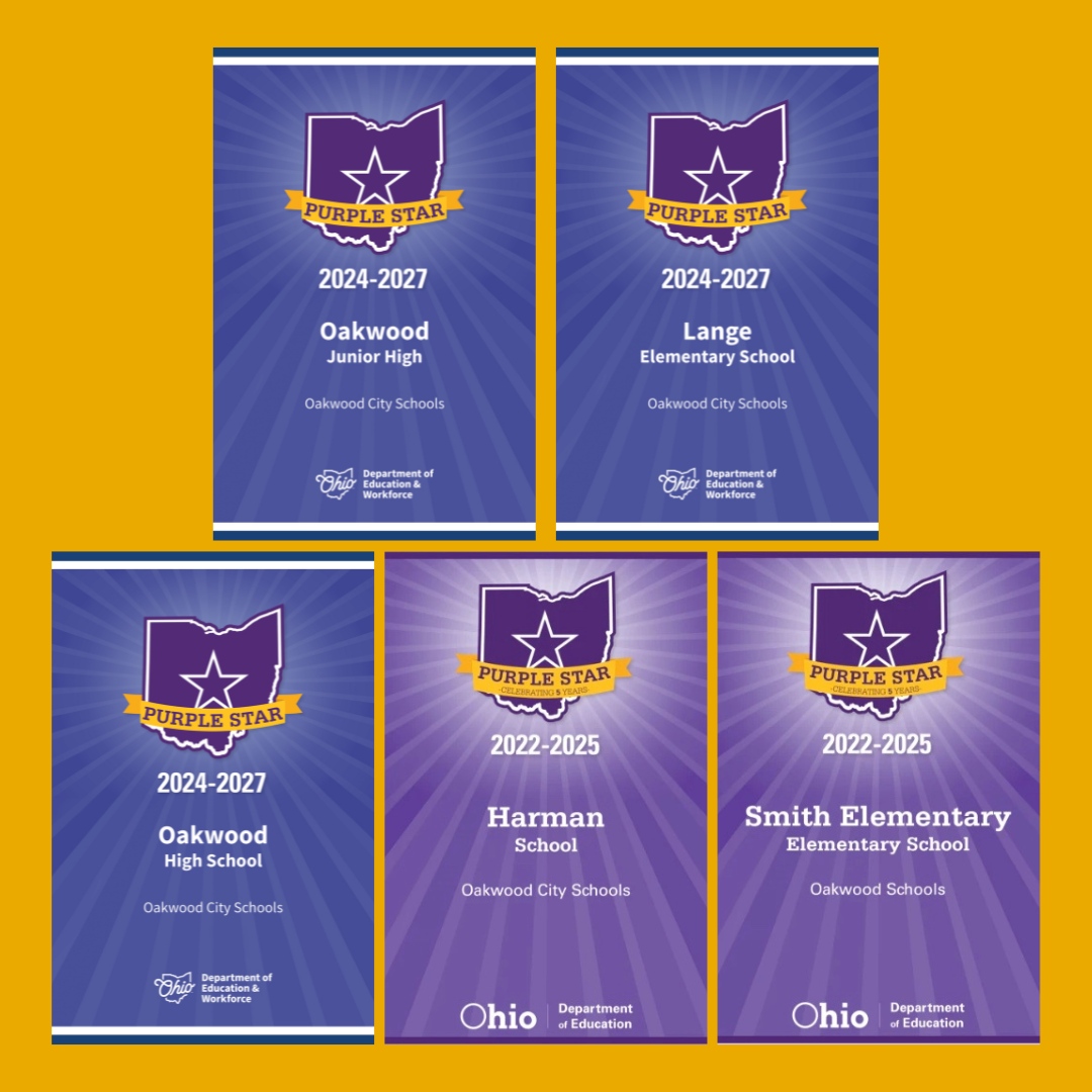 🌟 Big news! All 5 Oakwood Schools are now Purple Star Schools! Oakwood JH, Lange, and Oakwood HS were highlighted in the latest announcement. This highlights our commitment to military-connected students, supporting 260 families. Read more: tinyurl.com/5n7t98ca #OneOakwood