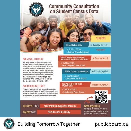 Students, parents/guardians, staff and community members who have experience with GECDSB students who are Black, Middle Eastern, East Asian, South Asian and/or students with disabilities/special education needs are invited to attend a Community Consultation on Student Census Data…