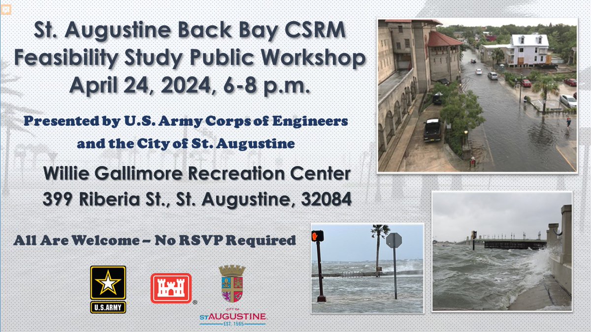 Join USACE Jacksonville April 24 at 6 p.m. for a workshop on all aspects of the St. Augustine Back Bay Study. Details at saj.usace.army.mil/Missions/Civil…. @CityStAug