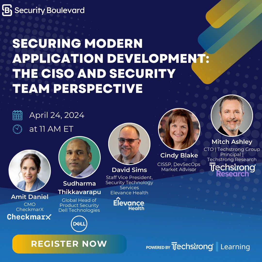 📆 Reminder: Join @adaniel412, @SudharmaT, David Sims of @ElevanceHealth, @CBlake2000, and @mitchellashley: hubs.ly/Q02sF_Tf0 @TechstrongTV @TechstrongGroup @Techstrongai @devopsdotcom @securityblvd