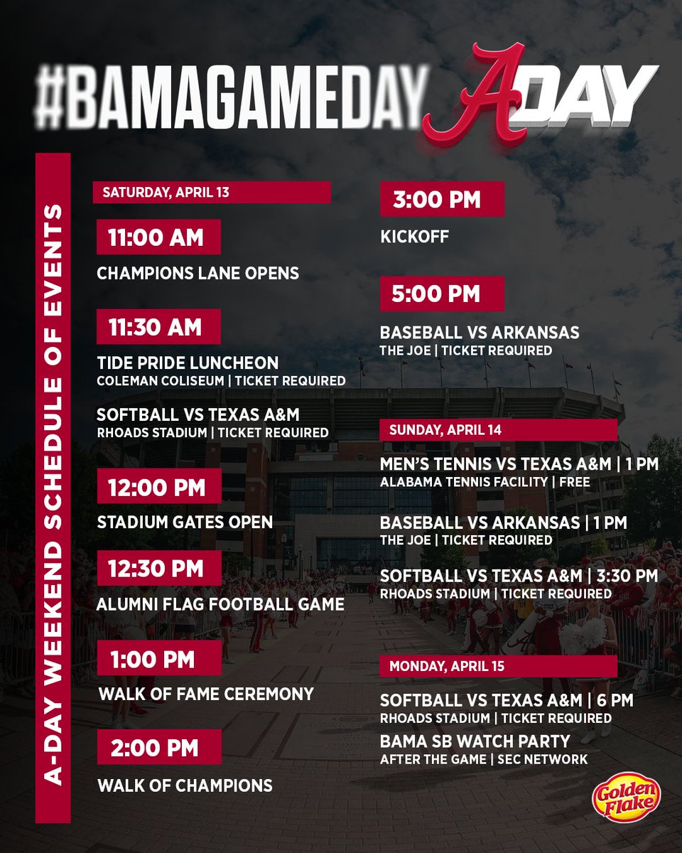 Wake up... IT'S A-DAY! 🙌 Check out the schedule so you don't miss any of the action 🔥 #RollTide | @AlabamaFTBL