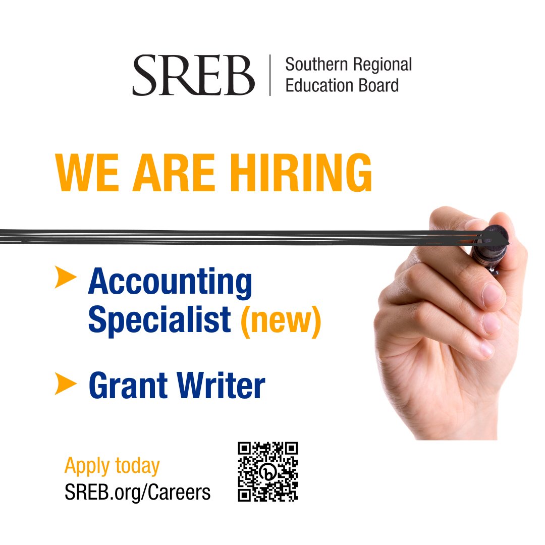 SREB is seeking an Accounting Specialist and a Grant Writer. Find out more and apply for these Atlanta-based hybrid career opportunities SREB.org/careers. 

#SREBeducation #SREBcareers #nonprofitcareers #grantwriting #accountingjobs