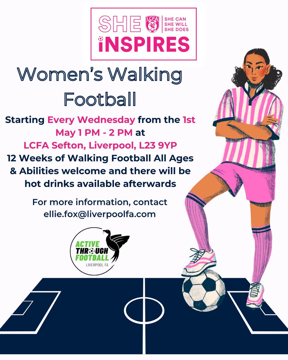 The She Inspires project is proud to be launching women's #walkingfootball sessions at our LCFA Sefton home this May! 🚀

No need to book - just turn up and play! ⚽ 

#Liverpool #SheInspires #Merseyside #WomensFootball
