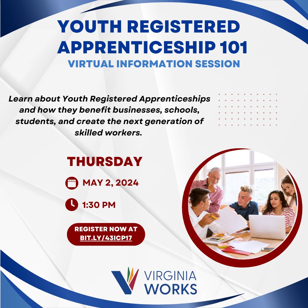Register today for Virginia Works’ Youth Registered Apprenticeship Info Session! #VAapprentice #VirginiaWorks It's a fantastic opportunity to hear from apprenticeship experts and get all your questions answered. Learn more: bit.ly/43Icp17