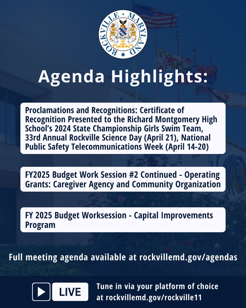 The agenda for the upcoming Mayor and Council Meeting on Monday, April 15 is available online for viewing and download at rockvillemd.gov/agendas. *Please note that the April 15 meeting will begin at 6 p.m.