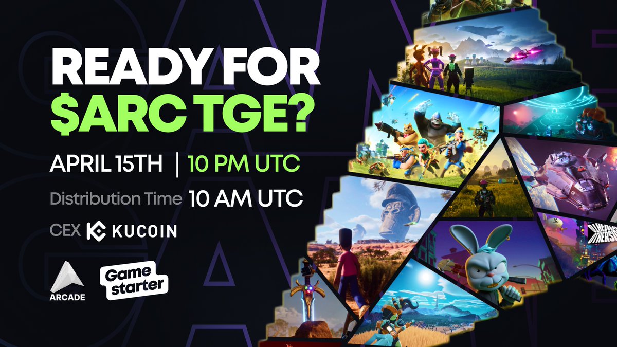 We have some news🗞️
@arcade2earn TGE & Listing details are here:

- TGE Date: 15th of April
- Listing time: 10 AM UTC
- Distribution time: 10 AM UTC
- Listing Platform: Kucoin
- Distribution Method: Claim
- TGE Unlock: 100%

Turn your🔔on!!