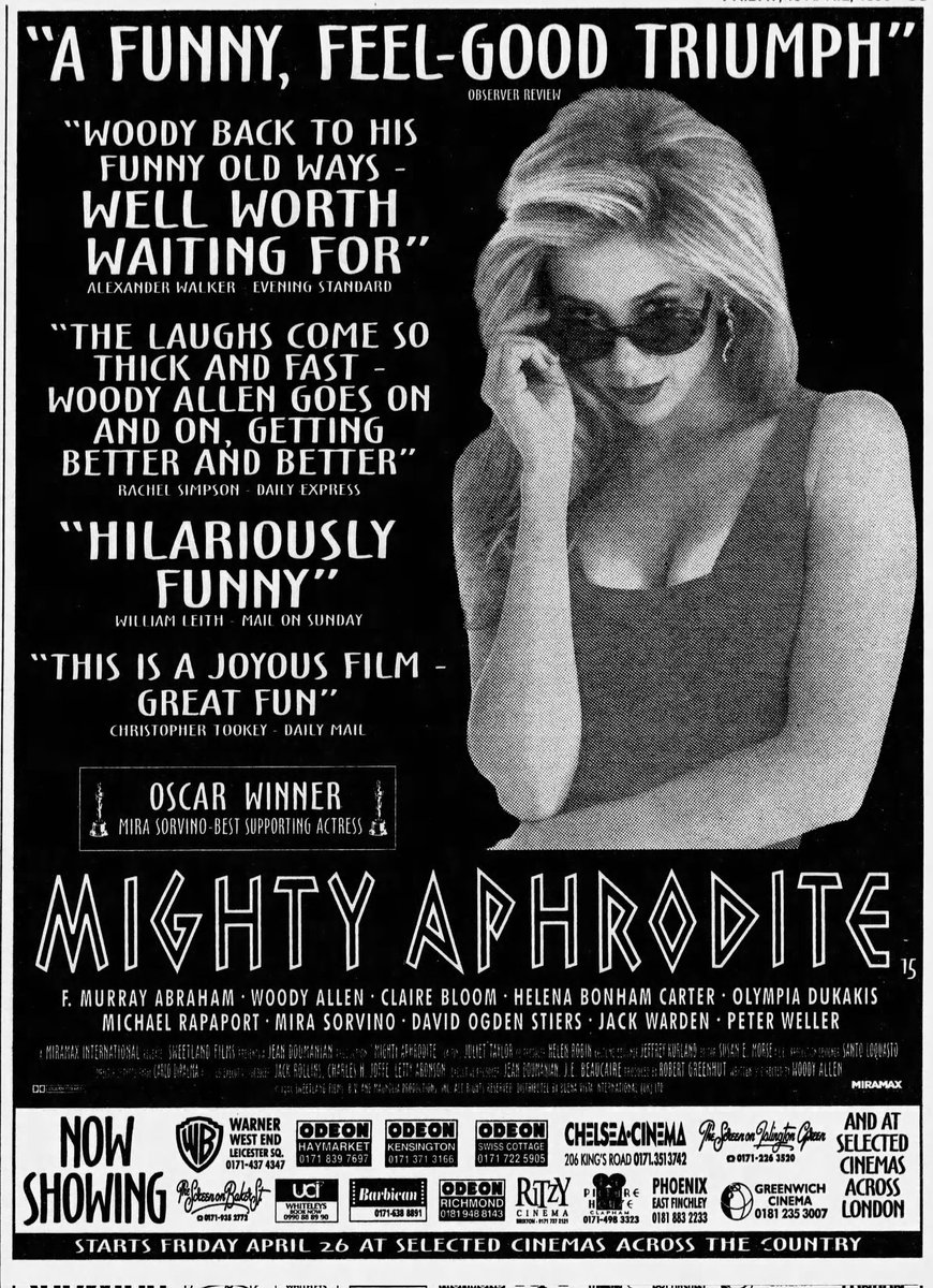 On this day April 12th, 1996, Woody Allen's MIGHTY APHRODITE opened in London..