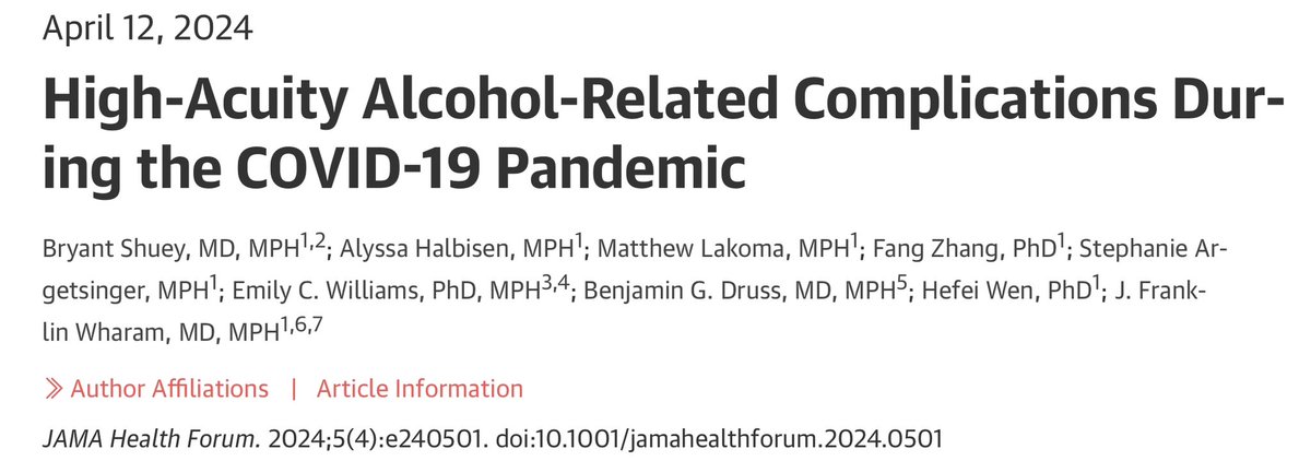 New article: high-acuity alcohol-related complications increased during the pandemic, particularly in women aged 40-64 yrs. ER and hospital visits for alcohol-related liver disease among women 40-64 increased in nearly every pandemic month we studied: jamanetwork.com/journals/jama-…