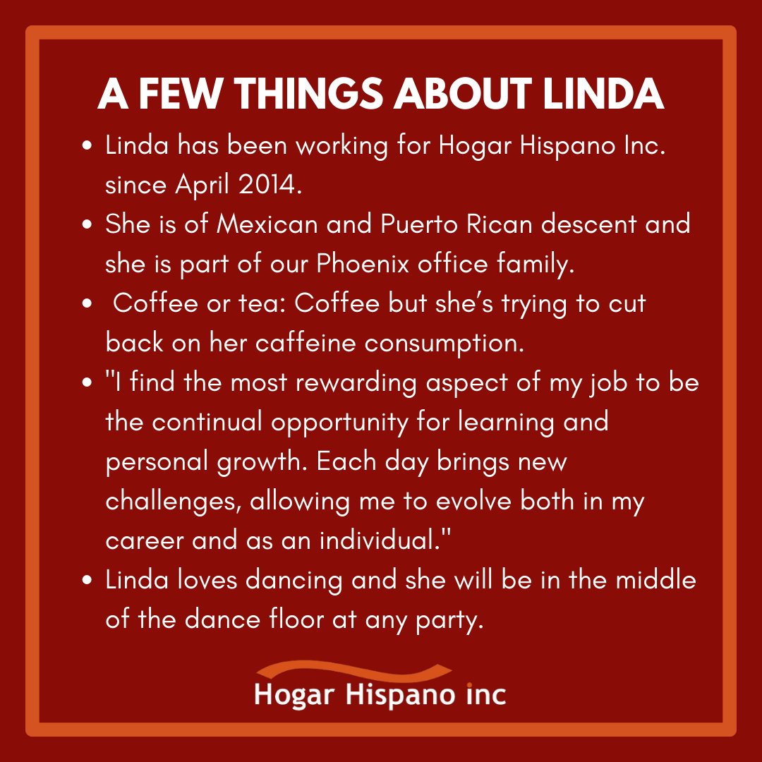 Meet Linda! 🌟 With 20+ years in the biz & 8 at Second Opportunity of America, LLC (SOA), she's our operations backbone. From NPL portfolio management to HUD counseling coordination, Linda keeps it all running smoothly. 💼 #HogarHispanoInc #HHIProud #HHIStrong #MeetOurTeam