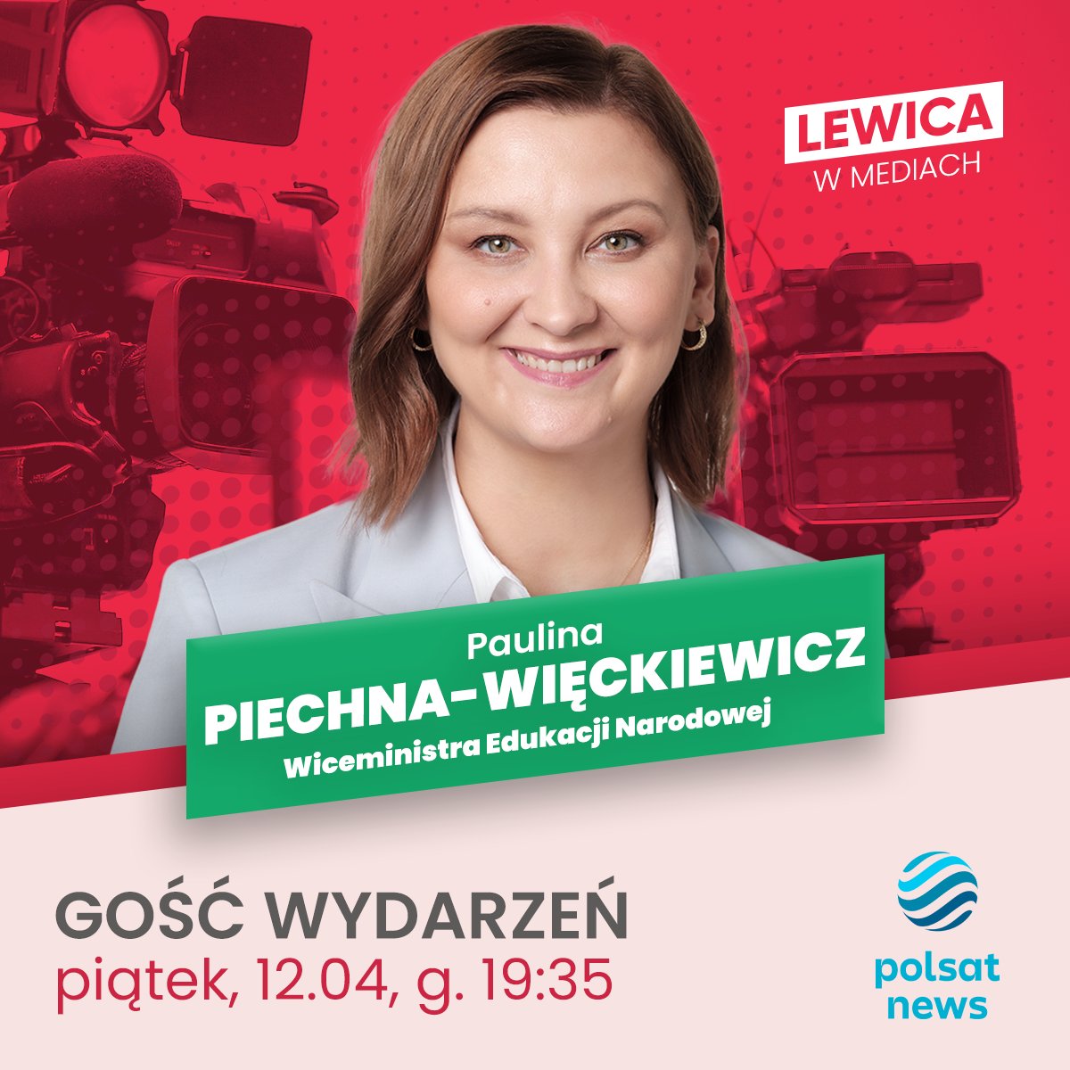 📺 Wiceministra @PaulinaPW2024 dziś o 19:35 będzie gościnią programu #GośćWydarzeń w @PolsatNewsPL 

#LewicaWMediach