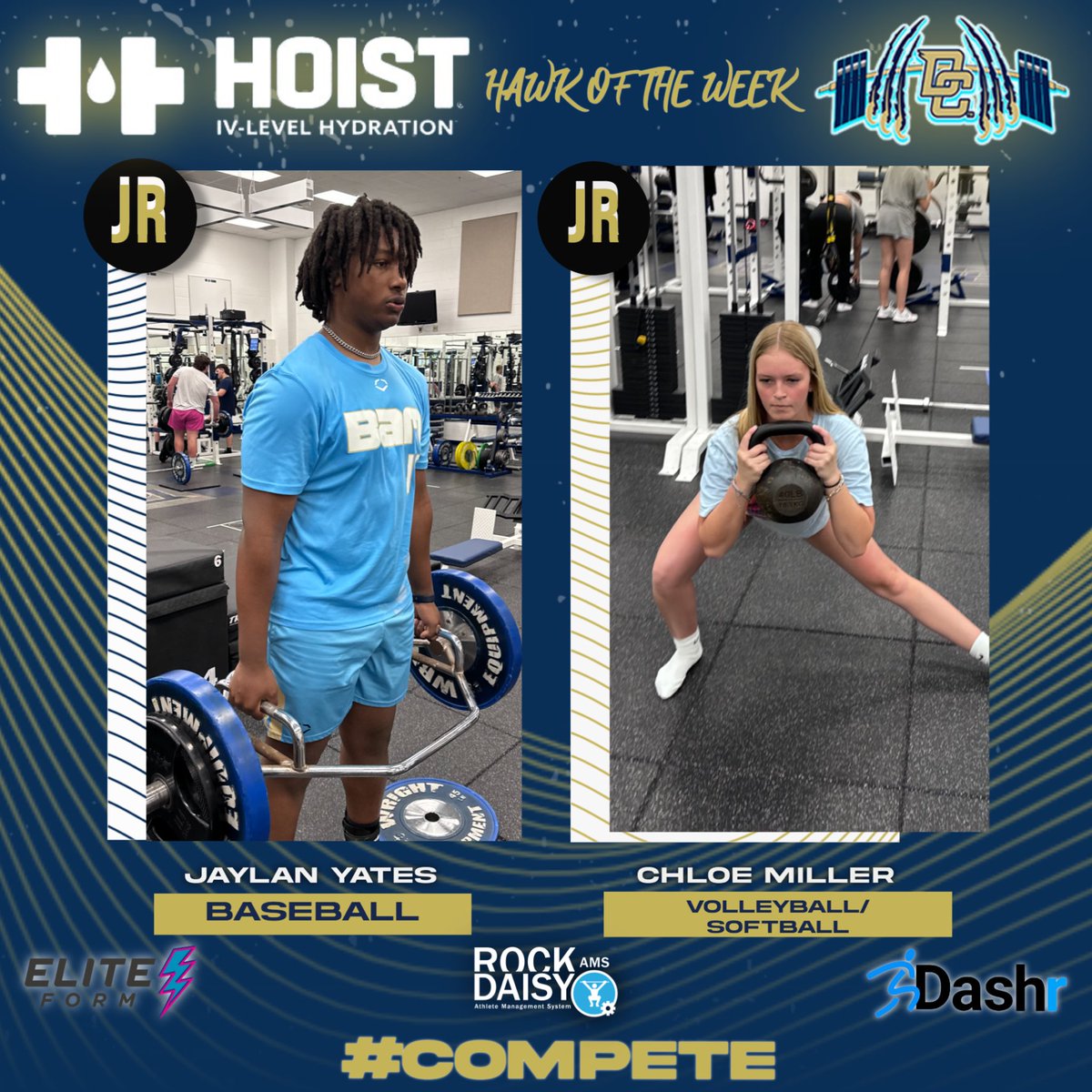 🚨 SHOUTOUT OF THE WEEK 🚨 
——————————————————
Thanks to Hoist, our Hoist Hawk Shoutout of the Week goes to Juniors, Jaylan Yates and Chloe Miller. 

#DecaturProud #HulkHawks #Compete #Hawkamania #personalbest