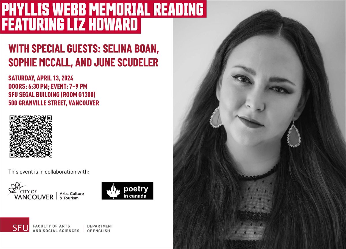 You have until 5 PM PT today to register for the Phyllis Webb Memorial Reading featuring Liz Howard! Join us Saturday night to celebrate the poetry of @ParabolicOcelot, w/ guests @selina_boan, Sophie McCall, & @JuneScudeler. RSVP: buff.ly/4cA5Q4R #sfuenglish #poetrymonth