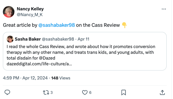 This is the former chief exec of Stonewall sharing a piece that promotes the idea the Cass Review promotes conversion therapy. This is why the conversion therapy ban campaigned for by orgs like Stonewall risks undermining evidence-based healthcare for gender-questioning children.