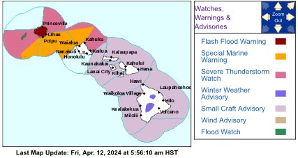 The @NWSHonolulu has extended the Flash Flood WARNING for the island of Kauaʻi until 9:00 am HST today (4/12).