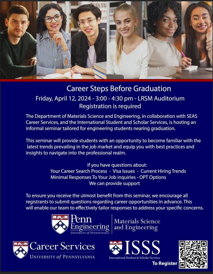 @MSEatPenn, with the support of @isss_penn and @PennCareerJobs  are providing a seminar, 'Career Steps Before Graduation.'
Have questions, We're here. Registration is required.  

Friday, April 12, 2024
3:00 - 4:30 pm
LRSM Auditorium 

forms.gle/5ugfkj5NQiSUeN…