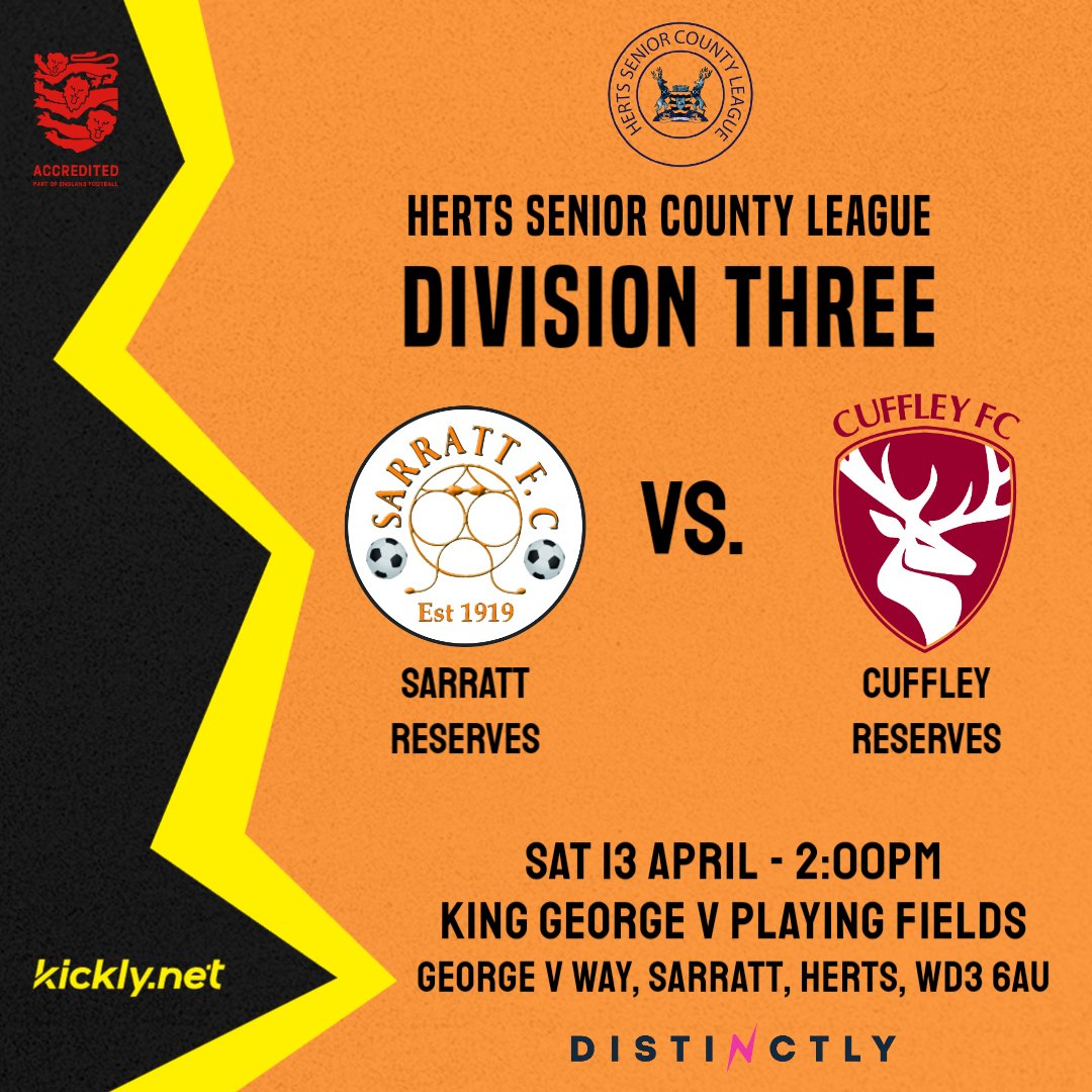 ⚽ 𝗥𝗘𝗦𝗘𝗥𝗩𝗘𝗦! The fixtures keep coming thick and fast for our Ressies, who welcome Cuffley Reserves to King George tomorrow! #SarrattFC 🟨⬛