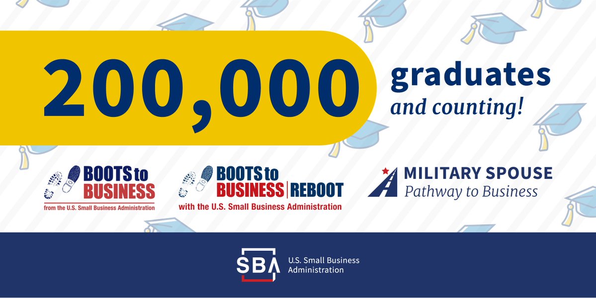 #DYK? @SBAgov’s Boots to Business and Pathway to Business programs have over 200,000 graduates? Become part of this group of #veterans who have learned #entrepreneurship skills needed to start a #VetBiz. Sign up today: sba.my.site.com/s/