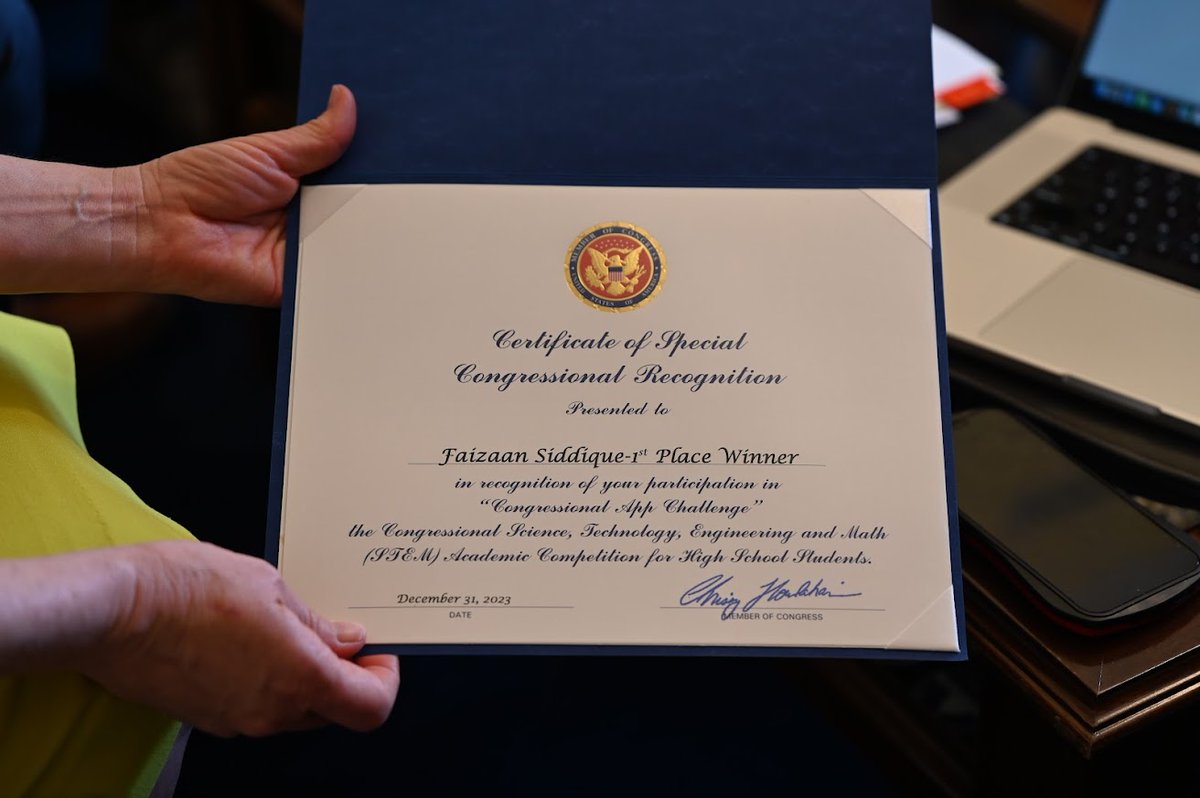 I met with Faizaan Siddique, the 2024 winner of our district's Congressional App Challenge. Faizaan's app, TruckPark PA, addresses the parking problems many truck drivers in PA face by providing real-time parking information at truck stops. Congratulations, Faizaan!