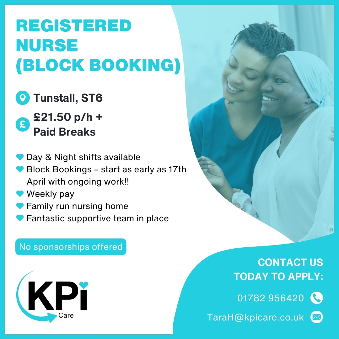 **REGISTERED NURSE (BLOCK BOOKING)** Tunstall. £21.50 p/h

Call 01782 956420 or email TaraH@kpicare.co.uk to apply.

Visit bit.ly/RNurTun to find this job & MORE!

#RegisteredNurse #NurseJobs #NursingJobs #CareHomeJobs #CareJobs #TunstallJobs #StokeJobs #KPIRecruiting
