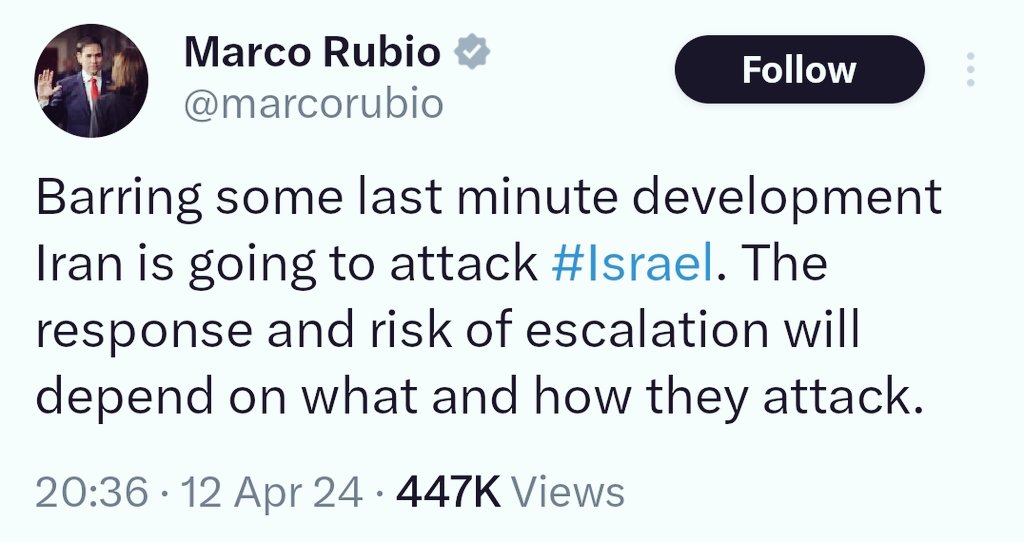Marco Rubio is on the US Senate intelligence committee. 6 days before Russia attacked Ukraine, he was one of the few who had raised red flags. Today it is about Iran and Israel.