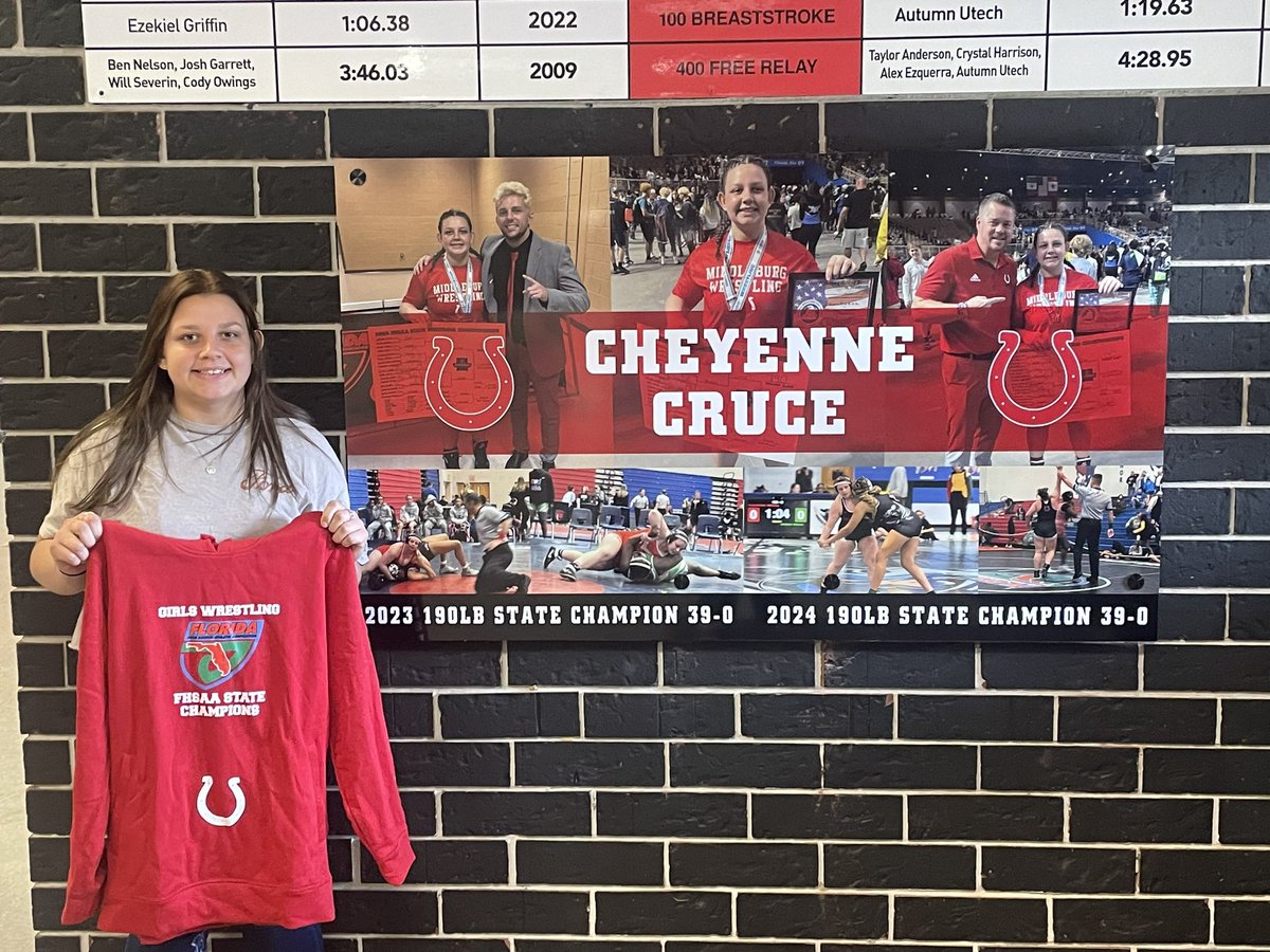 Cheyenne Cruce, TWO TIME STATE CHAMP was celebrated today with her new board at the entrance to Carrie Prewitt gym and a custom hoodie courtesy of Miller Solutions and Baker’s Sporting Goods! #HorsePower