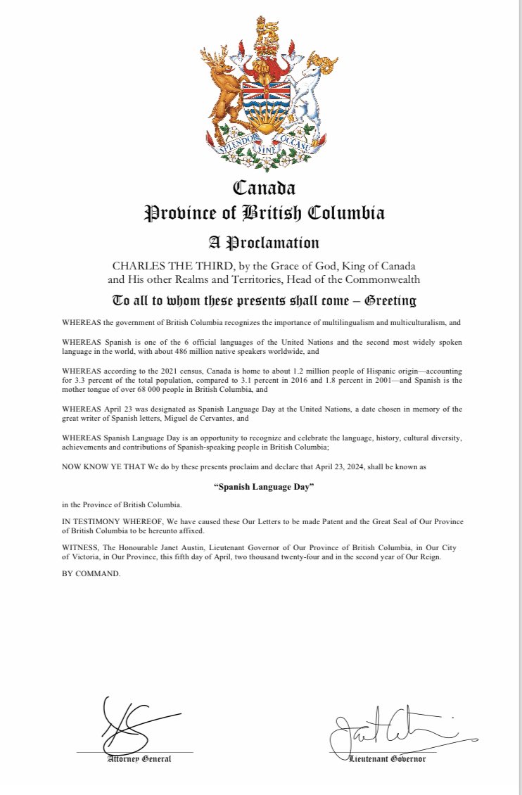 El 23 de abril será el día de la lengua española en la Columbia Británica, una de las grandes provincias de 🇨🇦. El ministro @BruceRalston ha hecho entrega de la Proclamación Gracias a la Plataforma @TOhablaespanol April 23th will be Spanish Language Day in British Columbia, one