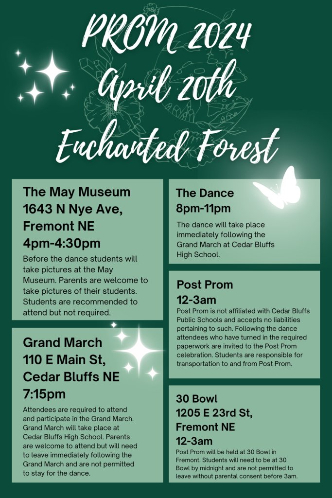 Next week is Prom! Check the schedule below and make sure you have everything prepped and ready for a fun Saturday.