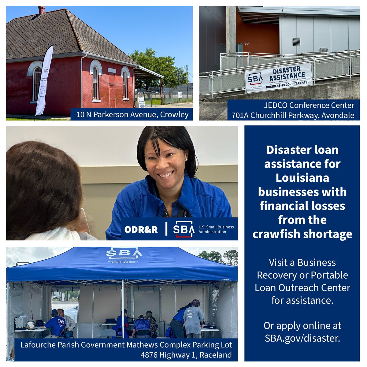 🔈Attention Louisiana crawfish businesses in Raceland area @SBAgov is here for you! Our Portable Loan Outreach Center is now open in the parking lot of 📍Lafourche Parish Government Mathews Complex. Open weekdays 9 AM to 5 PM.