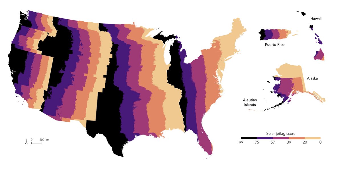 Our new geospatial light exposure model, validated using @LYSTechnologies light sensors, can be used in epidemiologic studies to assess solar jetlag due to differential environmental light exposure from time zone position and elevation #circadiandisruption bit.ly/lightmodel
