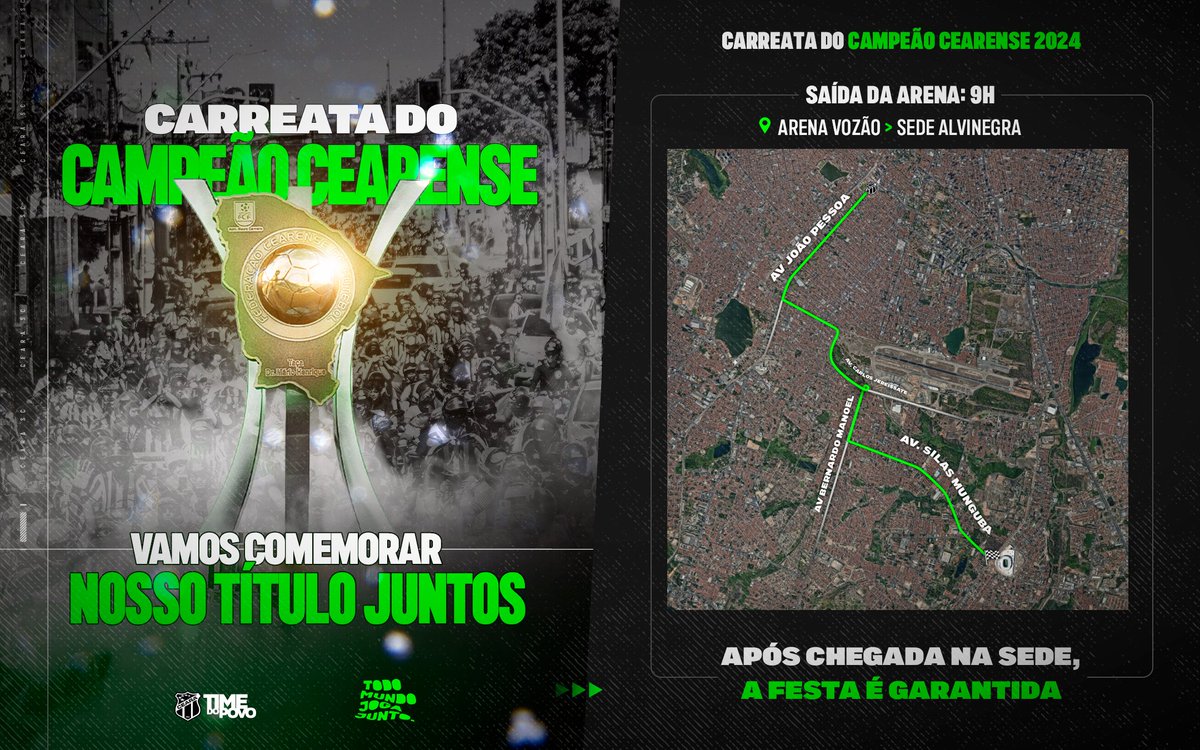 Vai ter a carreata do Campeão Cearense 2024 🚙🏁🏁 Neste domingo (14), chame sua galera e vamos juntos fazer a festa Alvinegra na capital. 📍 A concentração será às 8h na Arena Vozão e às 9h iniciaremos o trajeto. A festa do título continuará em nossa sede com torcida e…