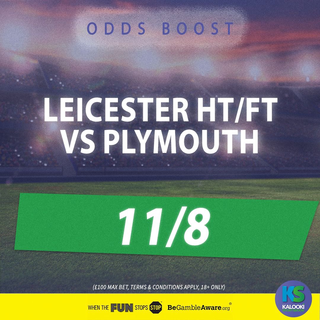 There’s a huge Championship clash this evening as Plymouth take on Leicester! ⚽️ And we’ve boosted the Foxes to be winning at half time & full time! 🦊 #KalookiPriceBoost #PLYLEI #LCFC 🔞 BeGambleAware.org T&Cs Apply - rb.gy/0y507