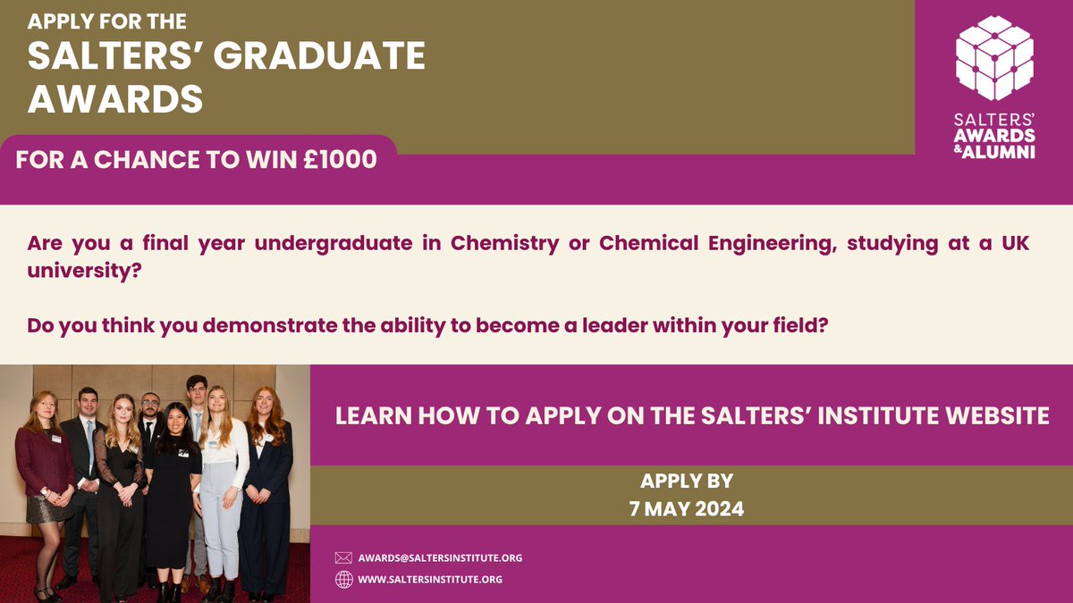 The Graduate Awards are now open for applications! This award celebrates final year undergraduates in Chemistry and Chemical Engineering who demonstrates the ability to become a leader within their chosen field. Learn about the application process here: saltersinstitute.org/programmes/awa…