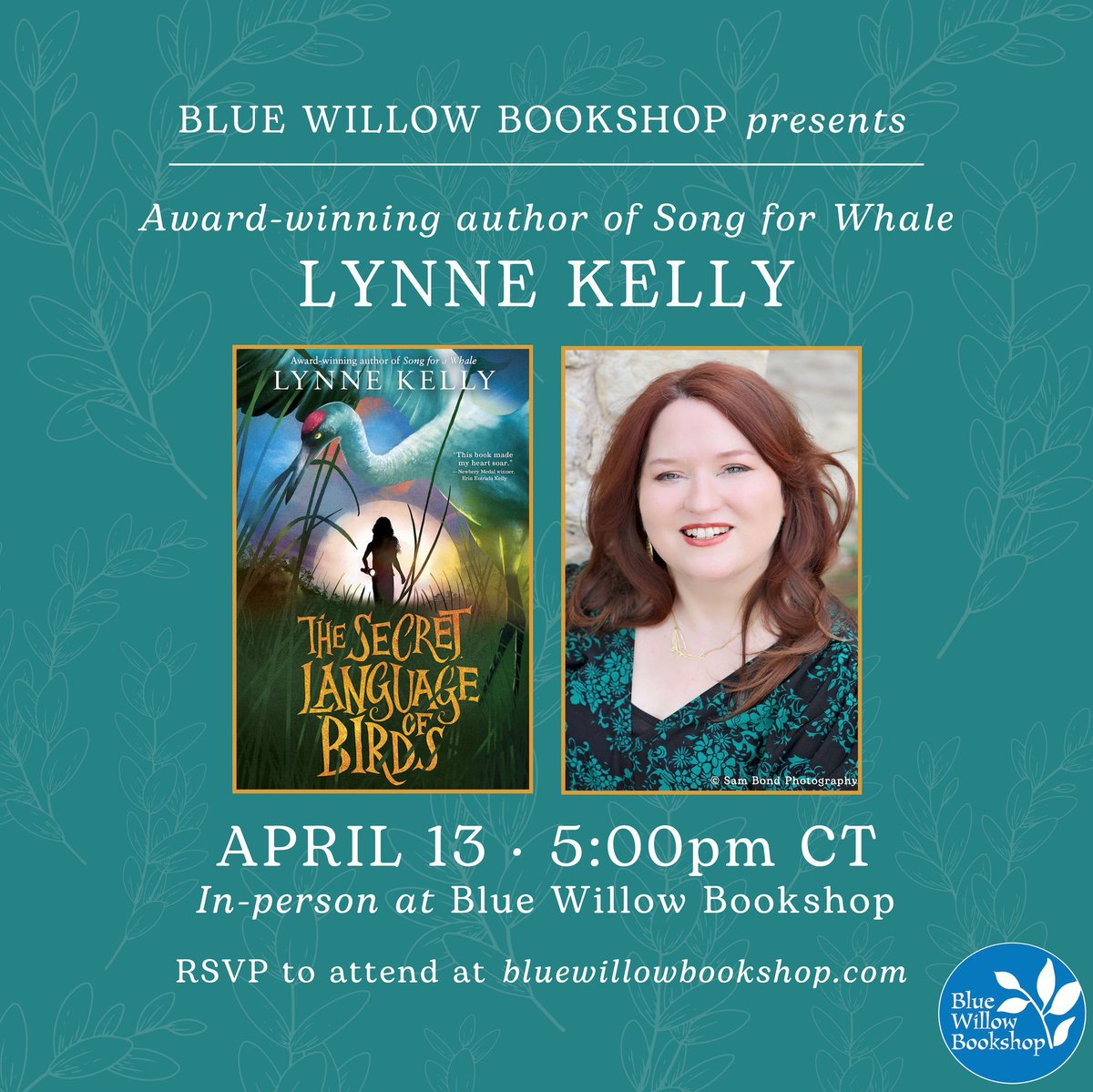 Tomorrow, join us for the ✨Book Launch✨ of award-winning author <a href="/LynneKelly/">Lynne Kelly 🐘🐳🪿🐙</a>'s new #mglit novel, THE SECRET LANGUAGE OF BIRDS! It has...
 
☀️Summer camp
🪶Endangered birds
💙A secret plan to help

We hope to see you there! bluewillowbookshop.com/event/kelly-20… <a href="/DelacortePress/">Delacorte Press</a>