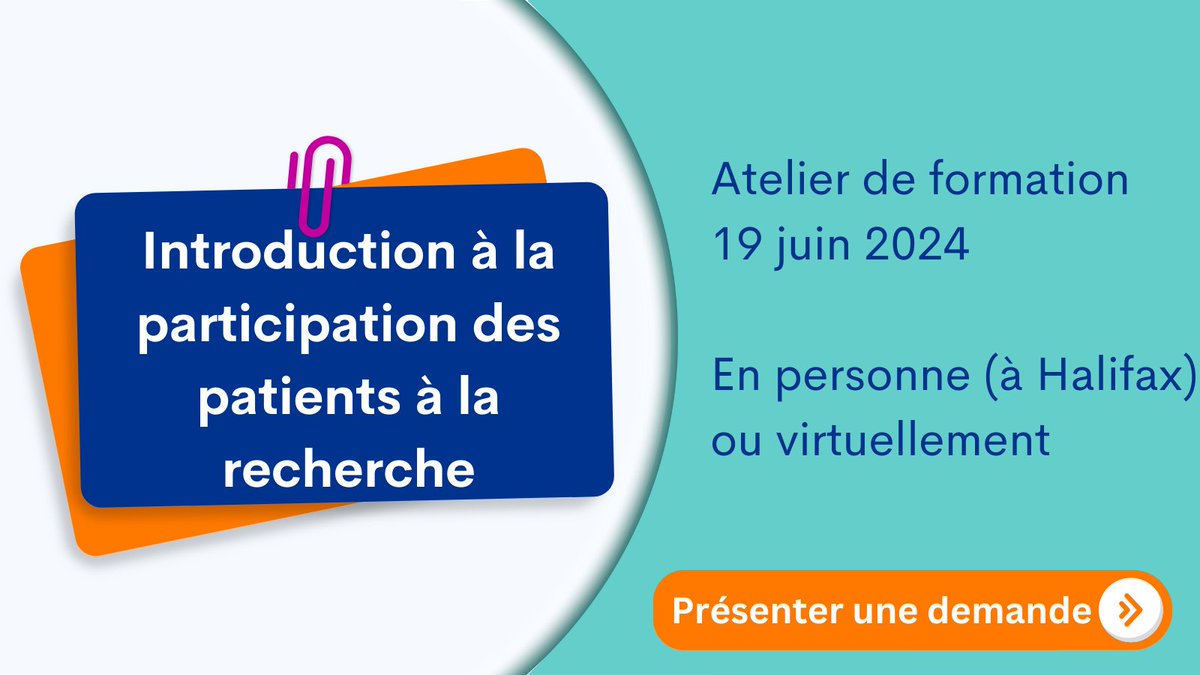 Avis à tous les stagiaires qui souhaitent se renseigner sur la participation des patients à la recherche en santé. Rejoignez-nous pour l’atelier de formation le 19 juin 2024, de 13 h à 15 h (HA), à Halifax ou en ligne. Pour en savoir plus : cihr-irsc.gc.ca/f/27297.html#a5